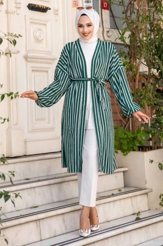 Beli Kuşaklı Düşük Kol Çizgili Kimono TSD240515 Zümrüt Yeşili 