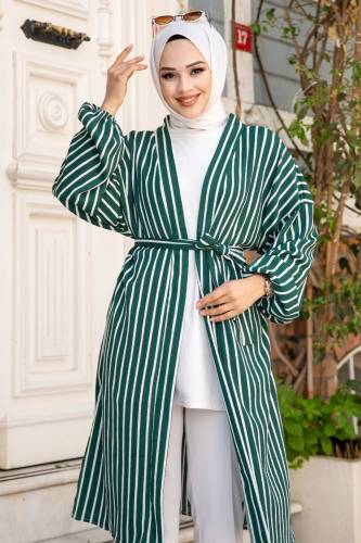 Beli Kuşaklı Düşük Kol Çizgili Kimono TSD240515 Zümrüt Yeşili - 2