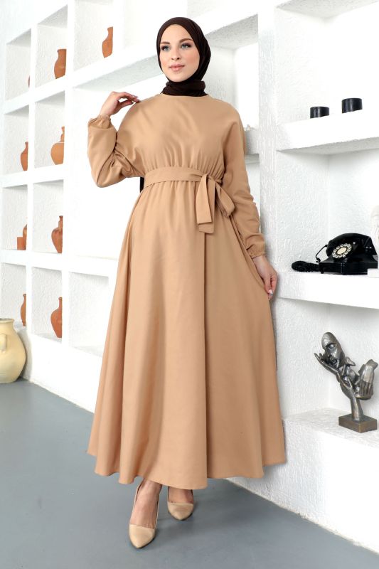 Beli Kuşaklı Elbise TSD220313 Camel - 1