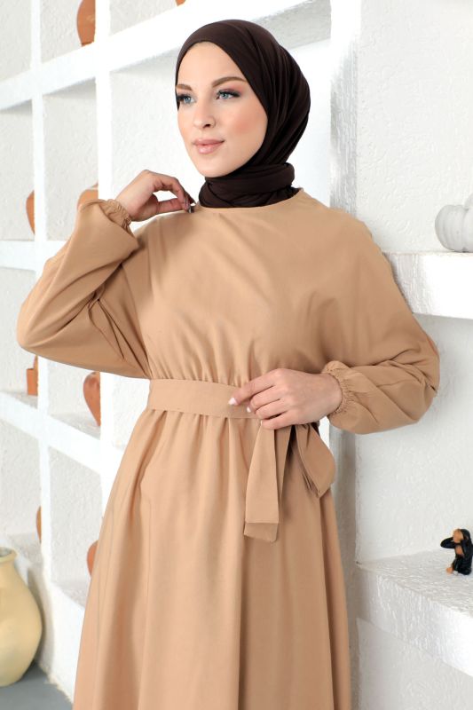 Beli Kuşaklı Elbise TSD220313 Camel - 2