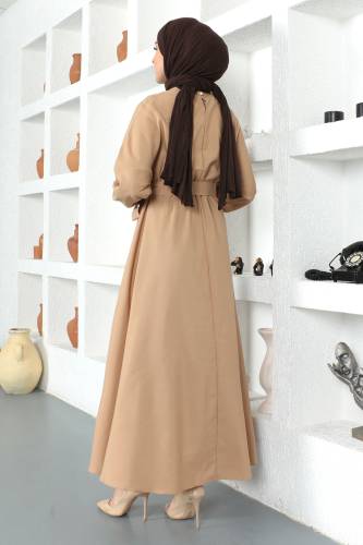Beli Kuşaklı Elbise TSD220313 Camel - 5