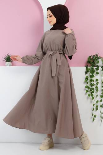 Beli Kuşaklı Elbise TSD220313 Vizon - 3