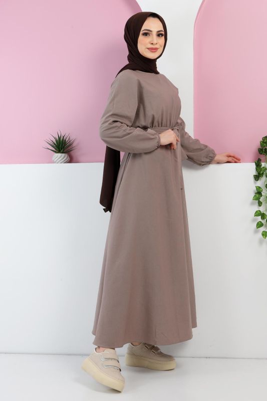 Beli Kuşaklı Elbise TSD220313 Vizon - 5