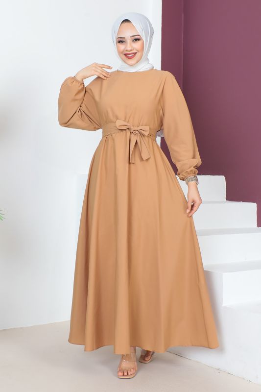 Beli Kuşaklı Elbise TSD230611 Camel - 1