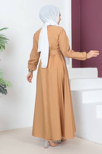 Beli Kuşaklı Elbise TSD230611 Camel - 5