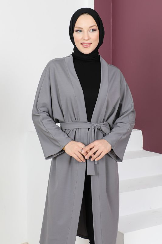 Beli Kuşaklı Kimono TSD230617 Gri - 2