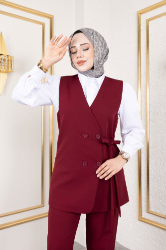 Beli Kuşaklı Yelekli Takım TSD250159 Bordo - 2
