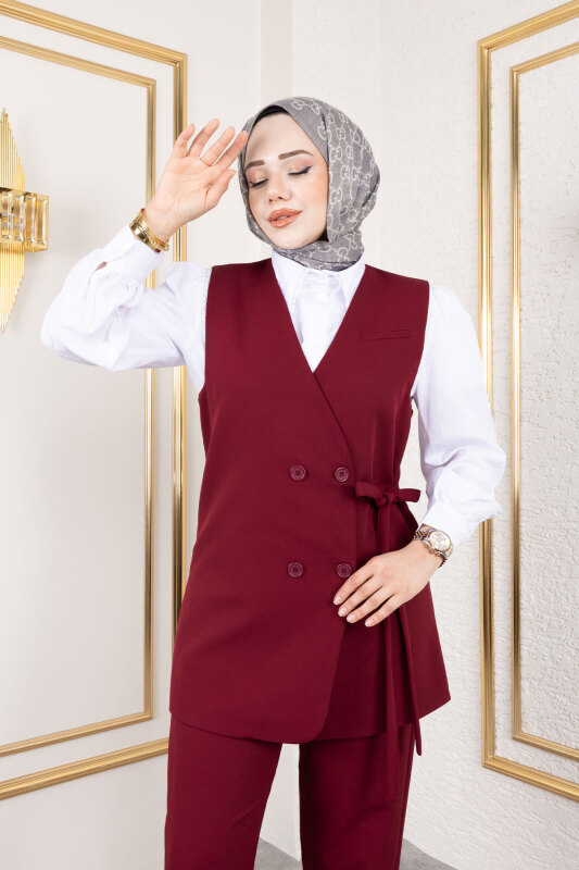 Beli Kuşaklı Yelekli Takım TSD250159 Bordo - 2