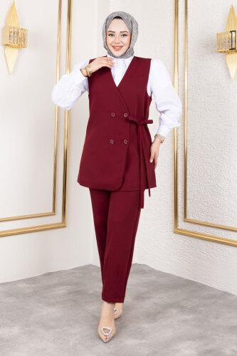 Beli Kuşaklı Yelekli Takım TSD250159 Bordo - 4