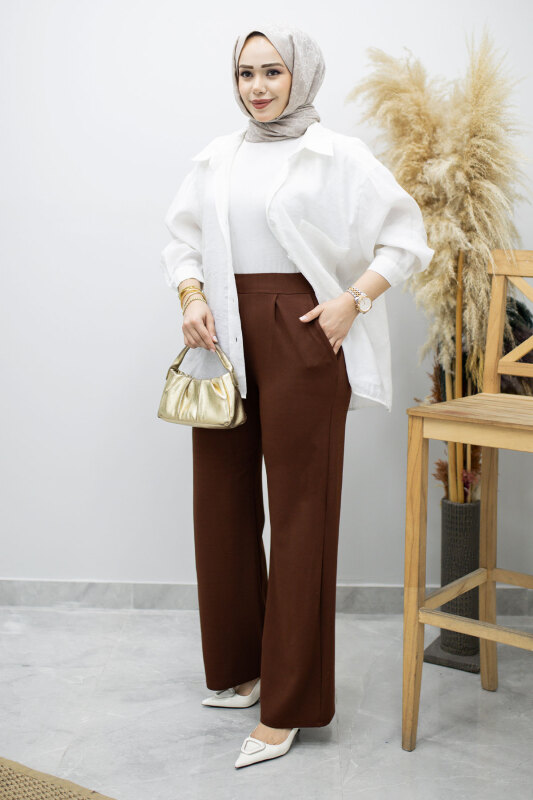 Beli Lastikli Cepli Palazzo Pantolon TSD260159 Kahverengi - Tesettür Dünyası (1)