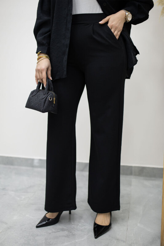 Beli Lastikli Cepli Palazzo Pantolon TSD260159 Siyah - Tesettür Dünyası