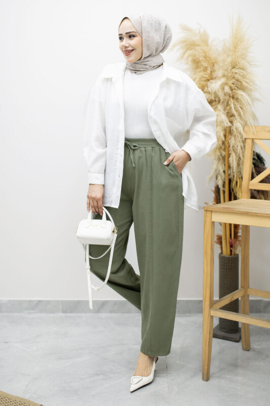 Beli Lastikli Havuç Pantolon TSD260155 Haki - Tesettür Dünyası