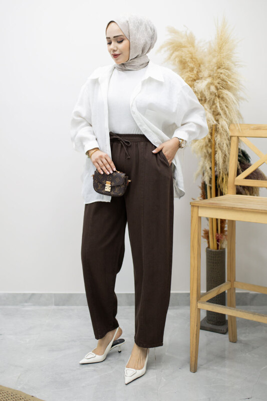 Beli Lastikli Havuç Pantolon TSD260155 Kahverengi - Tesettür Dünyası