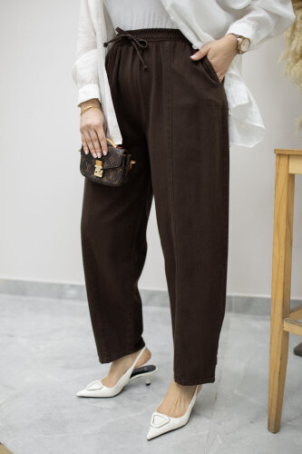 Beli Lastikli Havuç Pantolon TSD260155 Kahverengi - 2