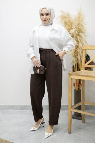 Beli Lastikli Havuç Pantolon TSD260155 Kahverengi - 3