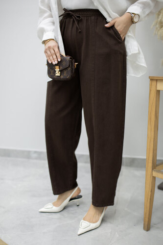 Beli Lastikli Havuç Pantolon TSD260155 Kahverengi - 4