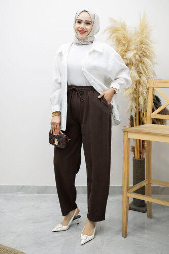 Beli Lastikli Havuç Pantolon TSD260155 Kahverengi - 5