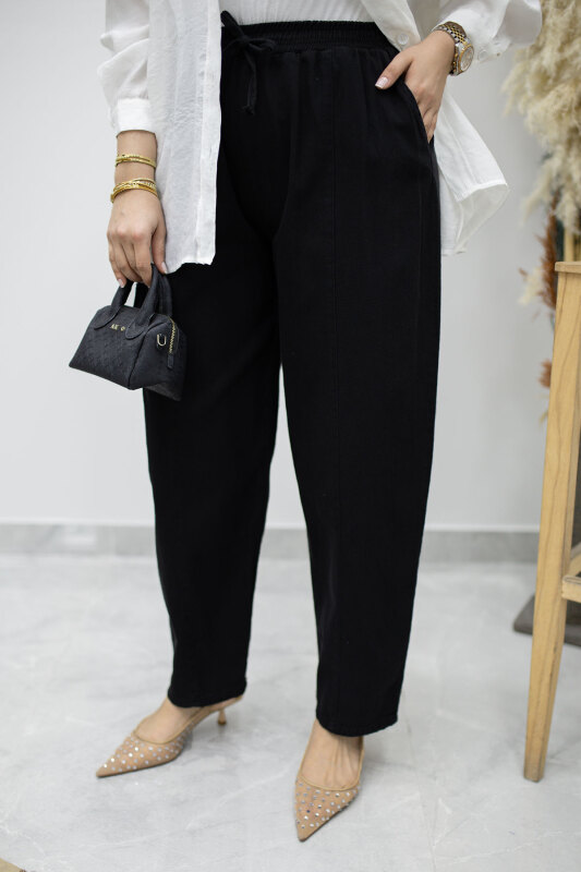 Beli Lastikli Havuç Pantolon TSD260155 Siyah - Tesettür Dünyası (1)