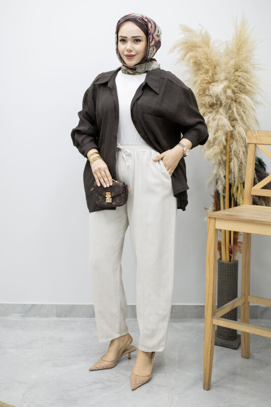 Beli Lastikli Havuç Pantolon TSD260155 Taş rengi - Tesettür Dünyası