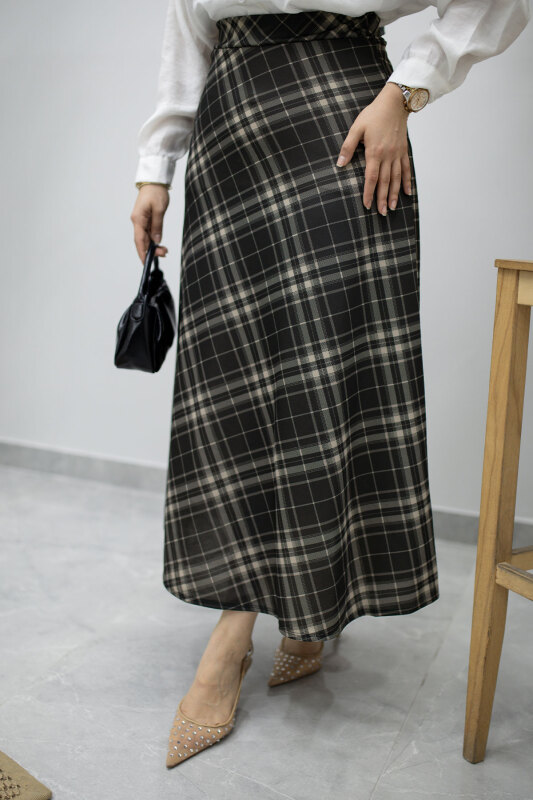 Beli lastikli Kareli Etek TSD260168 Füme - Tesettür Dünyası (1)