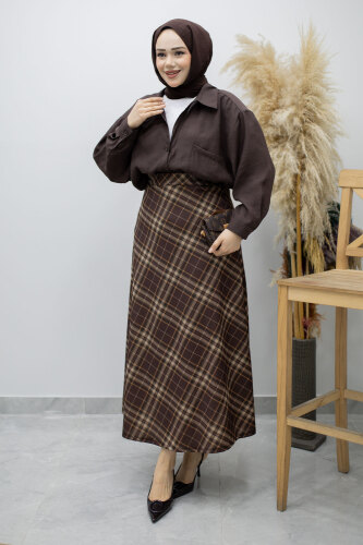 Beli lastikli Kareli Etek TSD260168 Kahverengi 