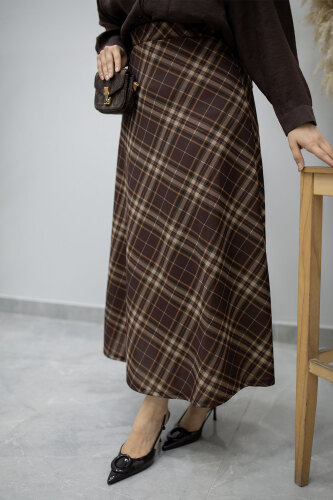 Beli lastikli Kareli Etek TSD260168 Kahverengi - 2