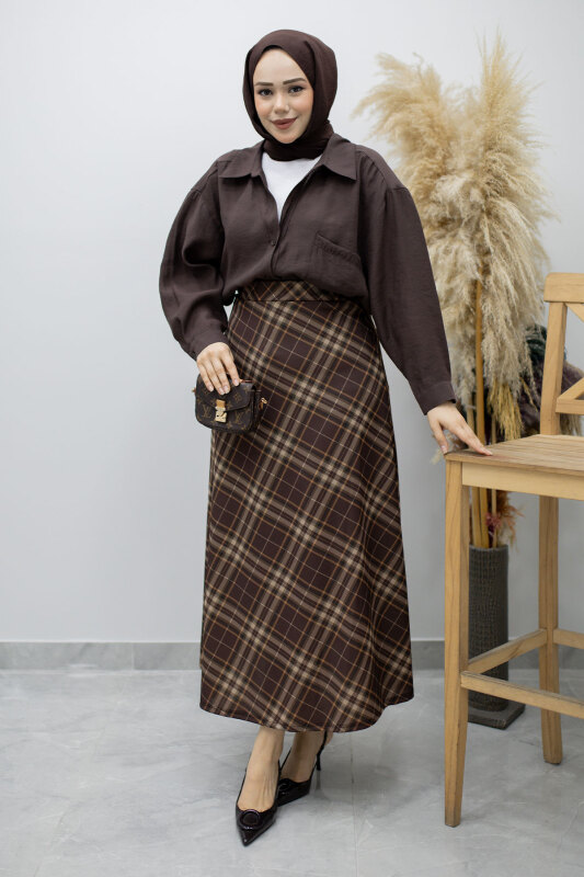 Beli lastikli Kareli Etek TSD260168 Kahverengi - 3