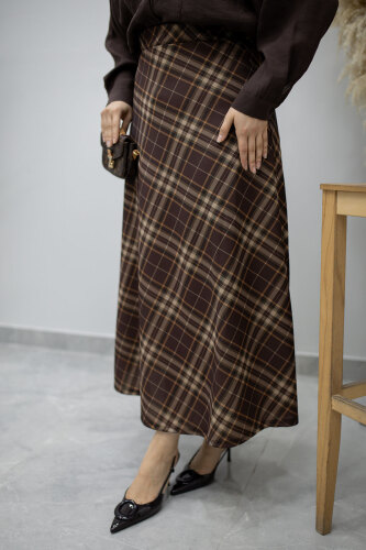 Beli lastikli Kareli Etek TSD260168 Kahverengi - 4