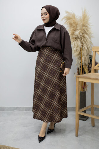 Beli lastikli Kareli Etek TSD260168 Kahverengi - 5