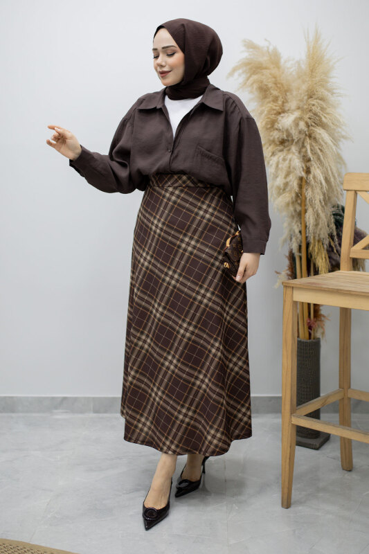 Beli lastikli Kareli Etek TSD260168 Kahverengi - 5