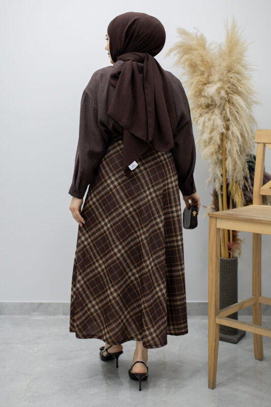 Beli lastikli Kareli Etek TSD260168 Kahverengi - 6