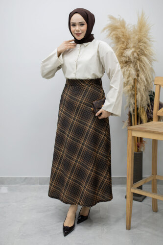 Beli lastikli Kareli Etek TSD260168 Taba - 1