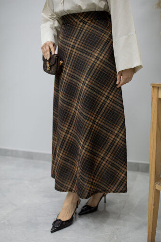 Beli lastikli Kareli Etek TSD260168 Taba - 2