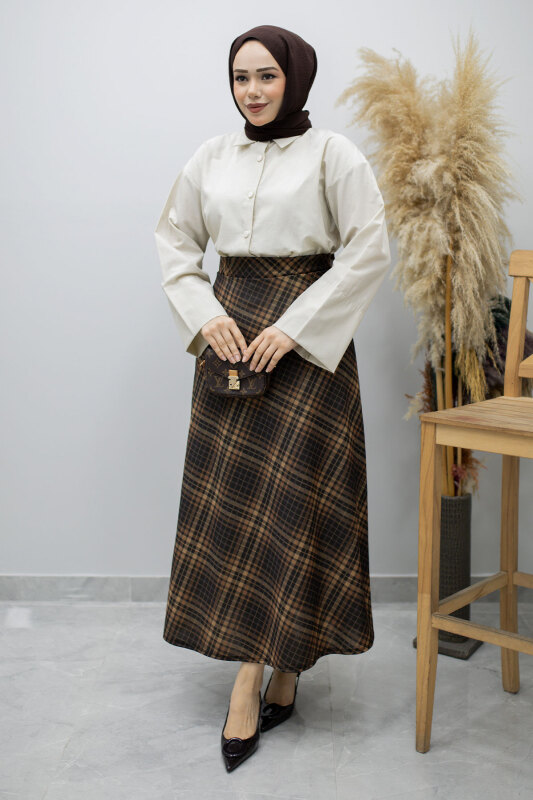 Beli lastikli Kareli Etek TSD260168 Taba - 3