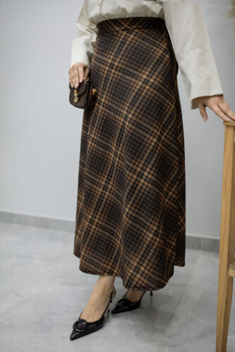 Beli lastikli Kareli Etek TSD260168 Taba - 4