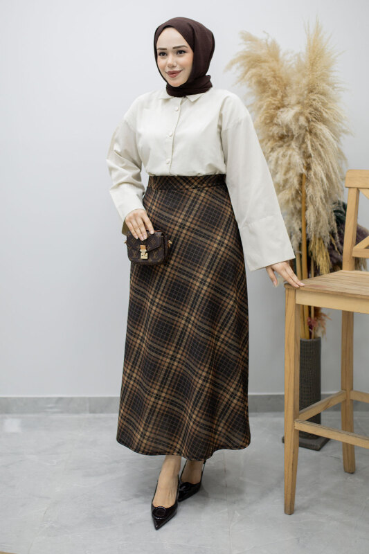 Beli lastikli Kareli Etek TSD260168 Taba - 5