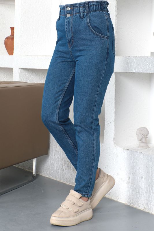 Beli Lastikli Mom Jean Pantolon TSD231016 Mavi - 1