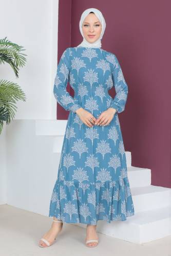 Beli Lastikli Şifon Elbise TSD230523 Mavi - 1