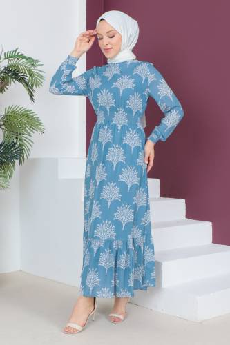 Beli Lastikli Şifon Elbise TSD230523 Mavi - 3