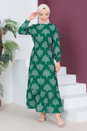Beli Lastikli Şifon Elbise TSD230523 Yeşil - 1