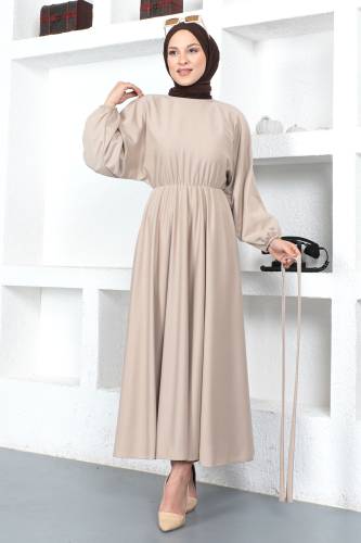 Beli Lastikli Tesettür Elbise TSD230201 Bej - 4