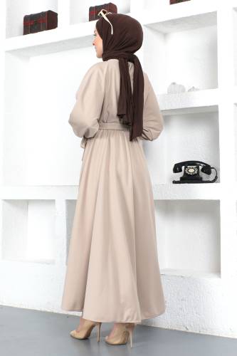 Beli Lastikli Tesettür Elbise TSD230201 Bej - 5