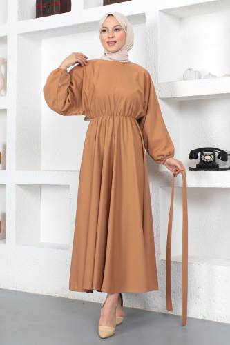 Beli Lastikli Tesettür Elbise TSD230201 Camel - 2