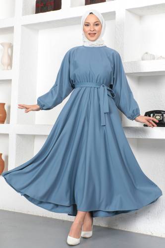 Beli Lastikli Tesettür Elbise TSD230201 Mavi - 1