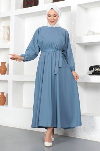Beli Lastikli Tesettür Elbise TSD230201 Mavi - 3