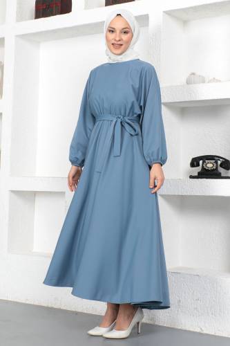Beli Lastikli Tesettür Elbise TSD230201 Mavi - 4