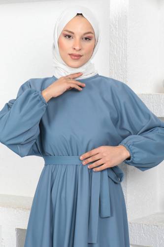 Beli Lastikli Tesettür Elbise TSD230201 Mavi - 2