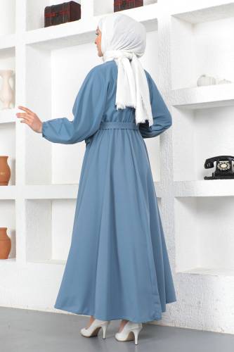 Beli Lastikli Tesettür Elbise TSD230201 Mavi - 5