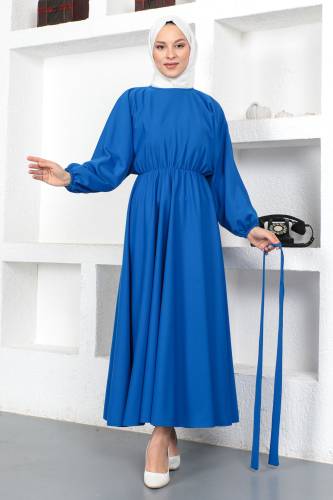 Beli Lastikli Tesettür Elbise TSD230201 Saks Mavisi - 3