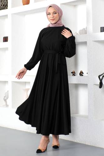 Beli Lastikli Tesettür Elbise TSD230201 Siyah - 1